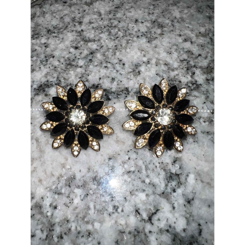 Vintage Style Black and Clear Crystal Flower Sunburst Gold Tone Stud Earrings